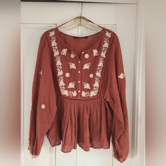 Zara Tops - Zara Terracotta Embroidered Blouse